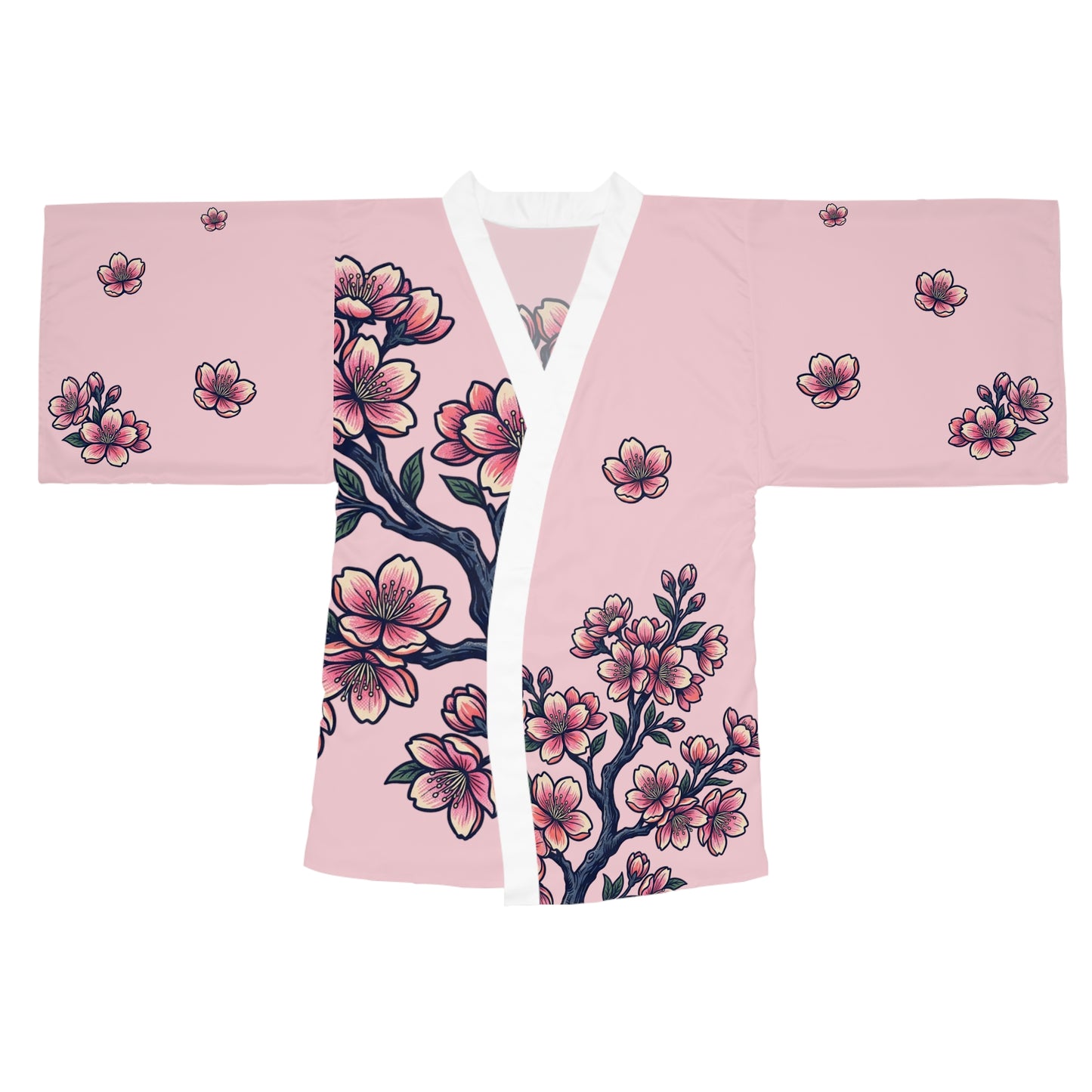 Pink Cherry Blossom Kimono Robe — Long Sleeve Floral Lounge Robe