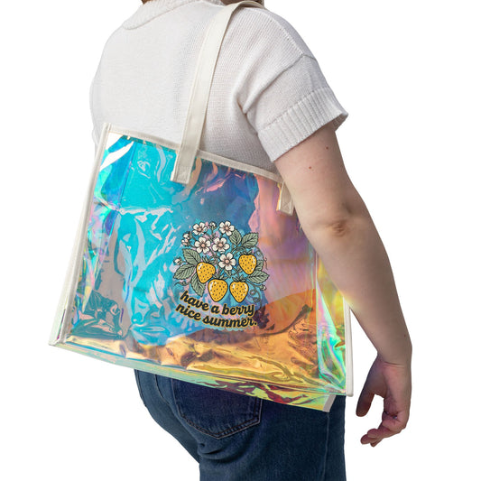 Holographic Beach Tote Bag — "Have a Berry Nice Summer" Strawberries