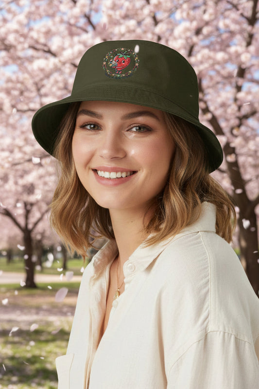 Strawberry in Love Bucket Hat — Cute Floral Fruit Graphic Sun Hat