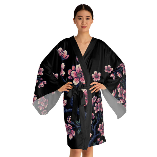 Pink Cherry Blossom Kimono Robe — Long Sleeve Floral Lounge Robe