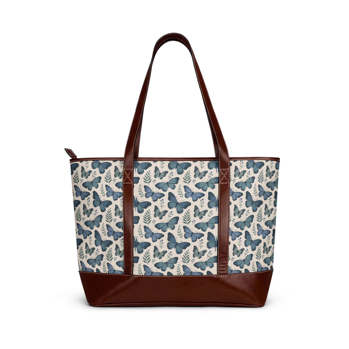 Blue Butterfly Tote Handbag — Floral Butterfly Pattern Zip Tote for Everyday Use