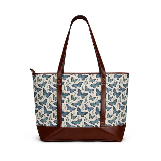 Blue Butterfly Tote Handbag — Floral Butterfly Pattern Zip Tote for Everyday Use