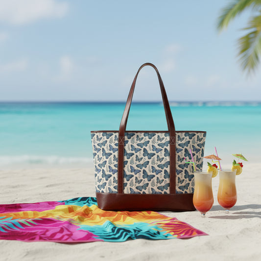 Blue Butterfly Tote Handbag — Floral Butterfly Pattern Zip Tote for Everyday Use