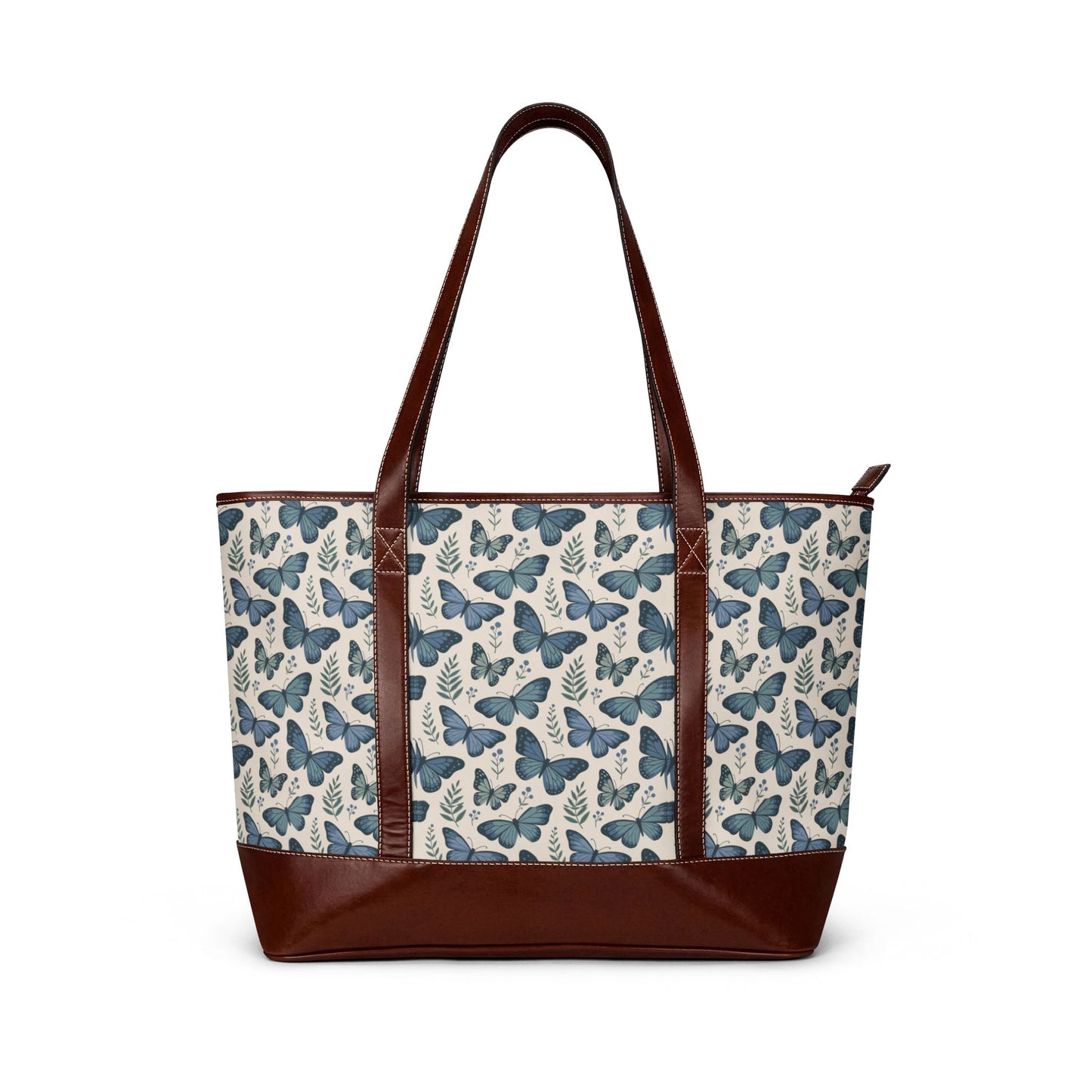 Blue Butterfly Tote Handbag — Floral Butterfly Pattern Zip Tote for Everyday Use