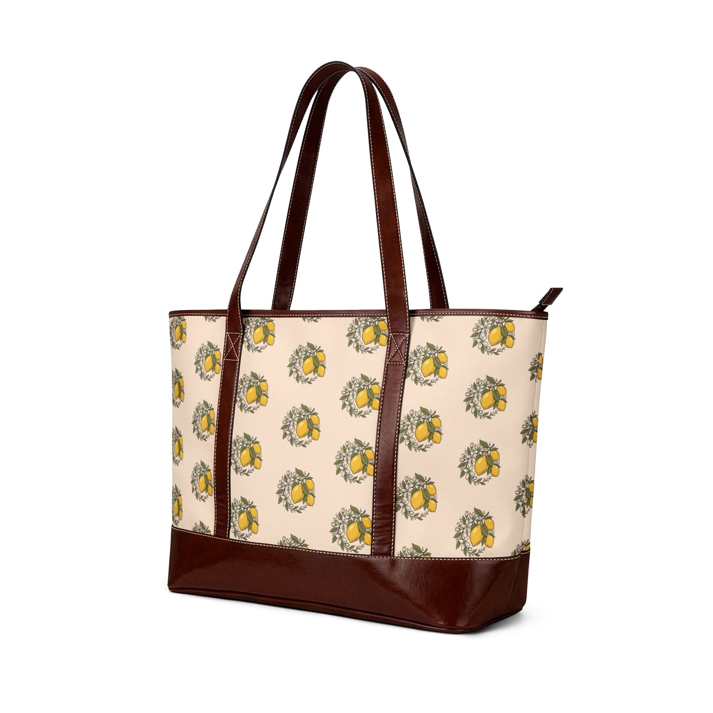 Lemon Wreath Tote Handbag — Floral Citrus Pattern Leather-Trim Shoulder Bag