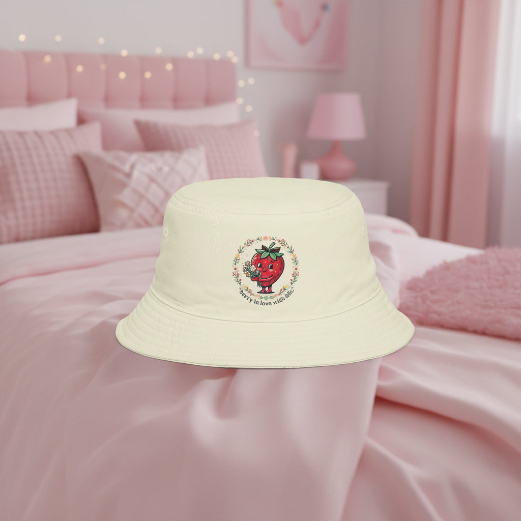 Strawberry in Love Bucket Hat — Cute Floral Fruit Graphic Sun Hat