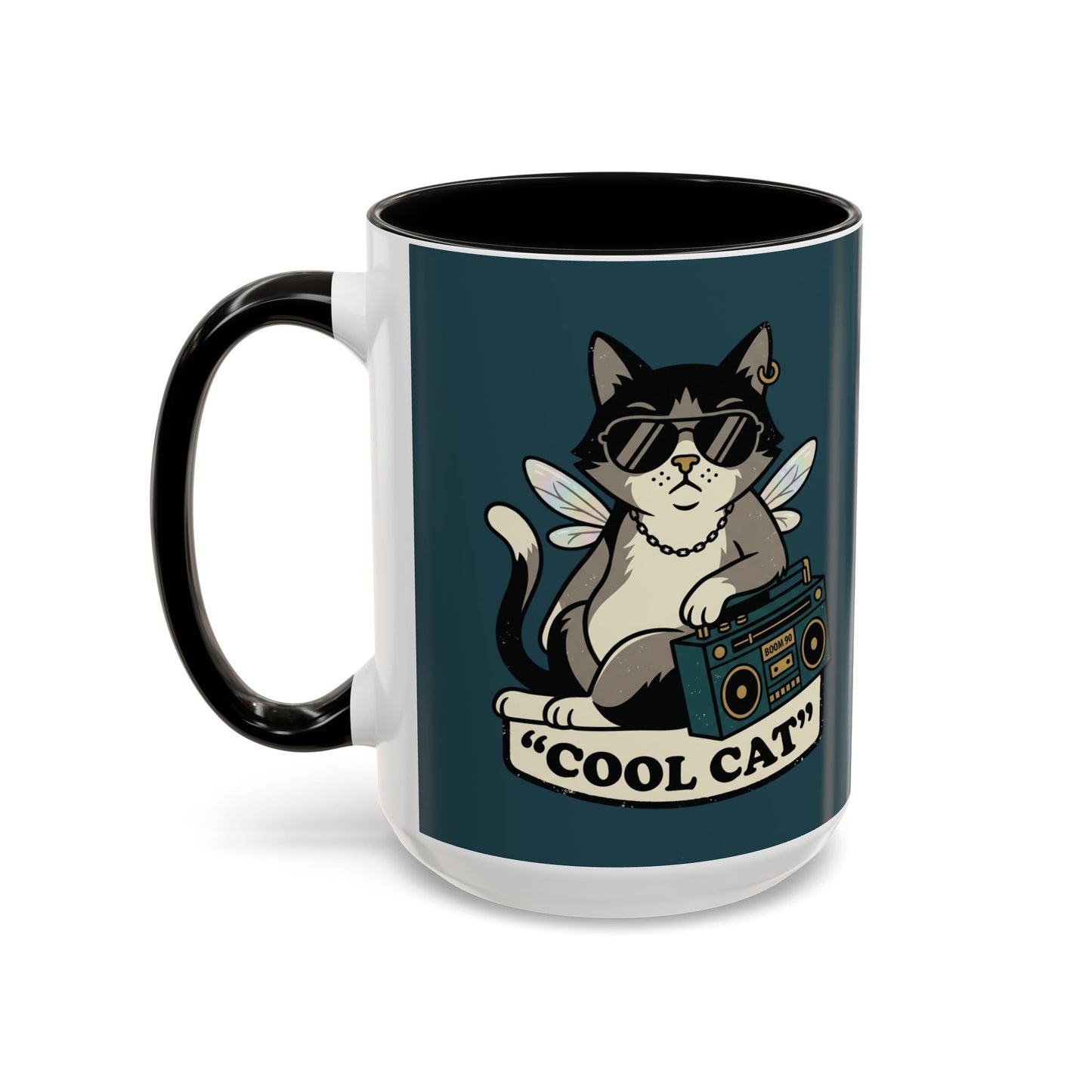 Cool Cat Coffee Mug — Retro Cat with Sunglasses & Boombox (11oz/15oz)