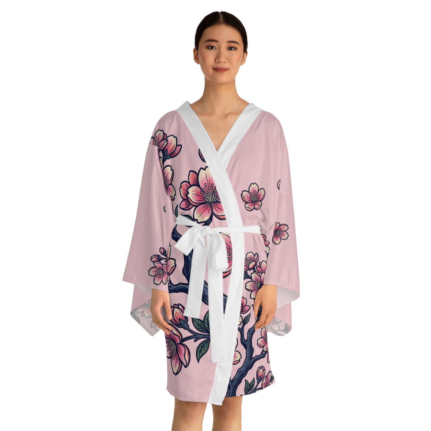 Pink Cherry Blossom Kimono Robe — Long Sleeve Floral Lounge Robe