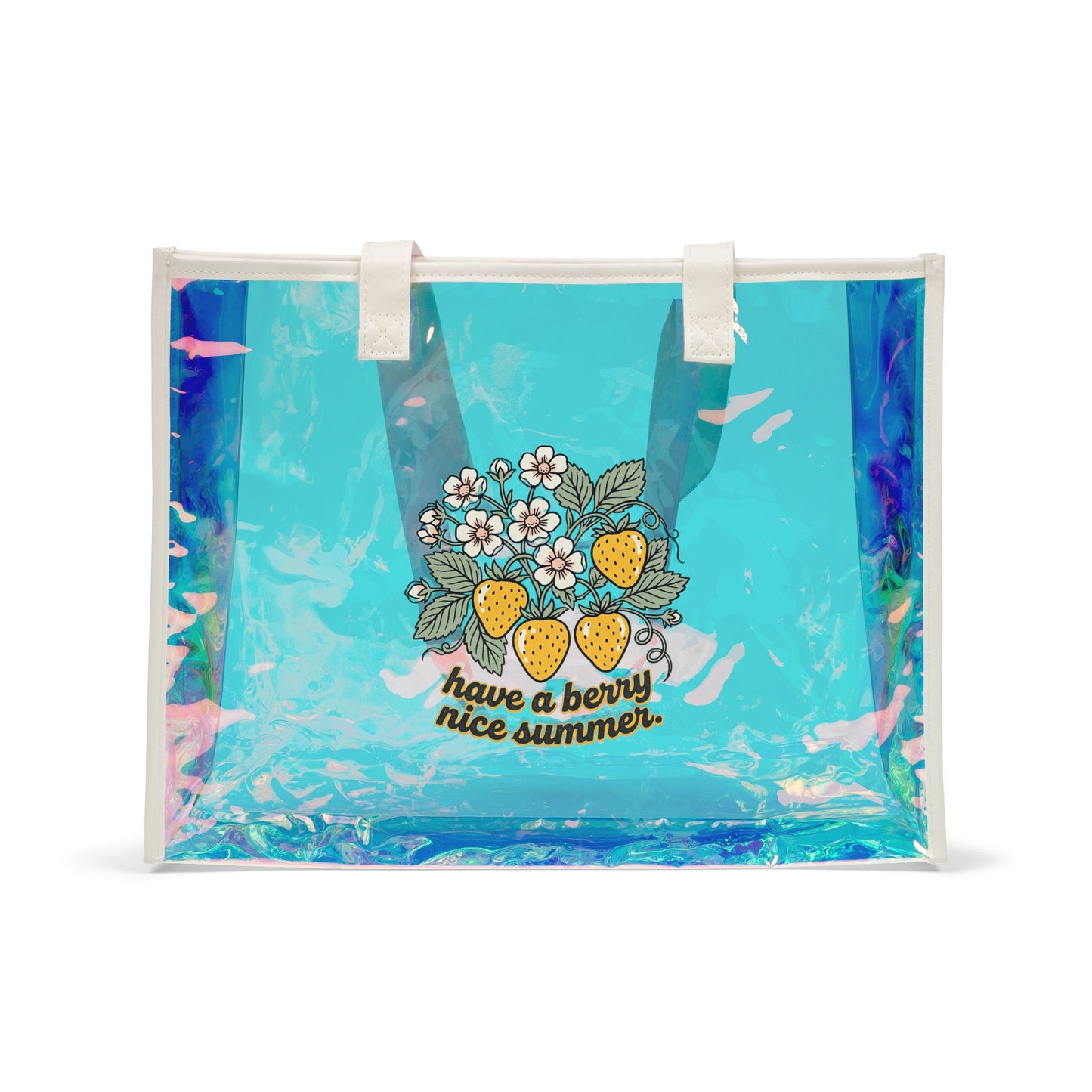 Holographic Beach Tote Bag — "Have a Berry Nice Summer" Strawberries