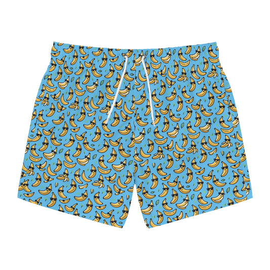 Banana Pattern Swim Trunks — Fun Blue All-Over-Print Beach Shorts
