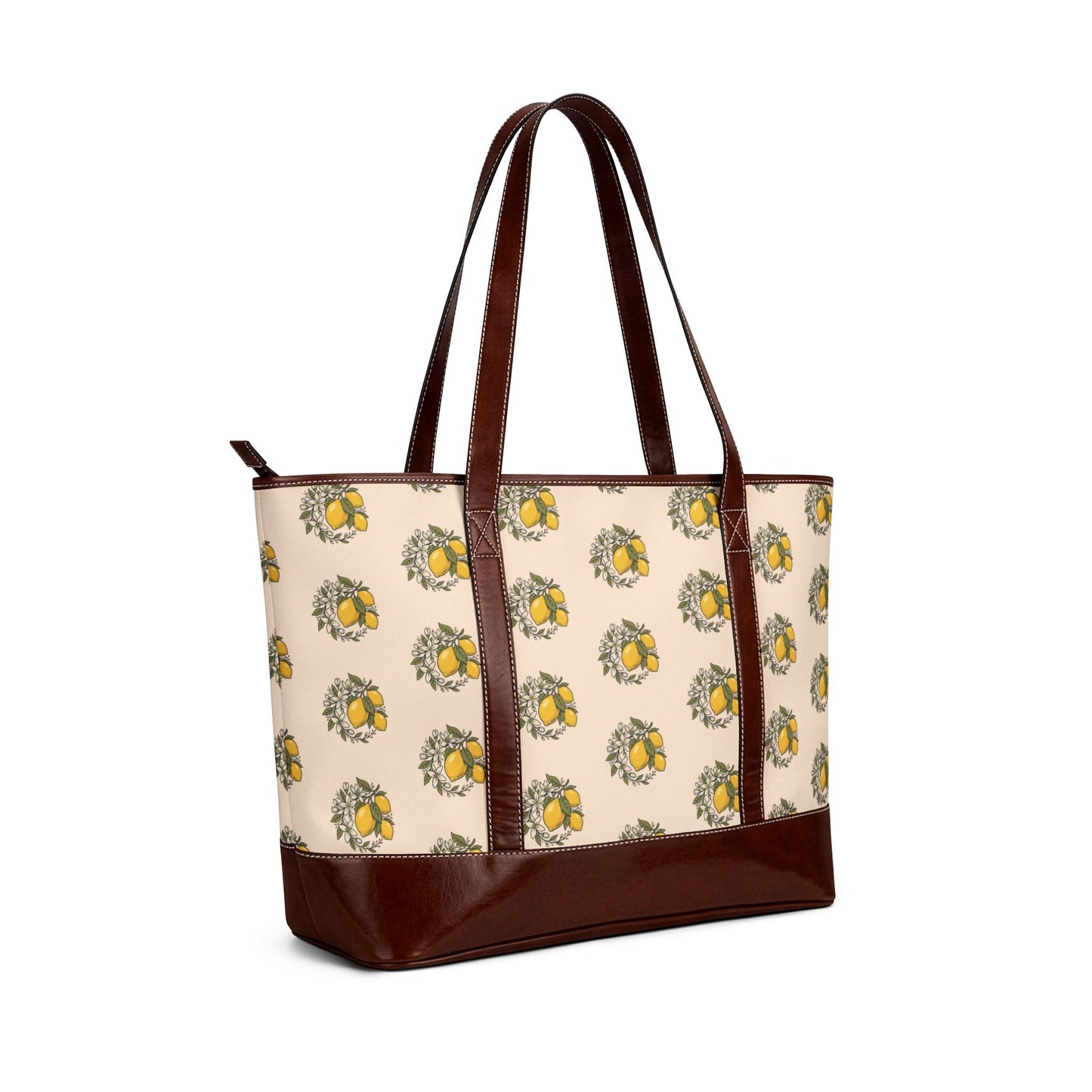 Lemon Wreath Tote Handbag — Floral Citrus Pattern Leather-Trim Shoulder Bag