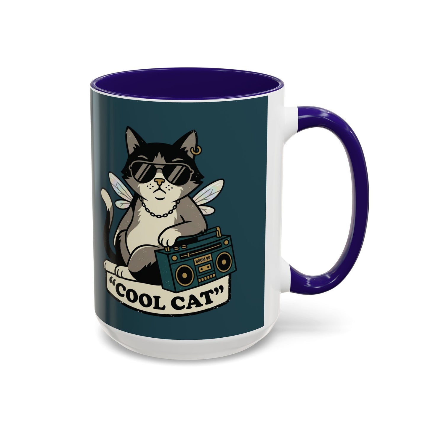 Cool Cat Coffee Mug — Retro Cat with Sunglasses & Boombox (11oz/15oz)