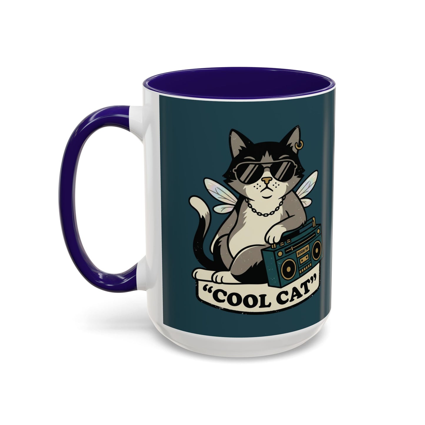 Cool Cat Coffee Mug — Retro Cat with Sunglasses & Boombox (11oz/15oz)