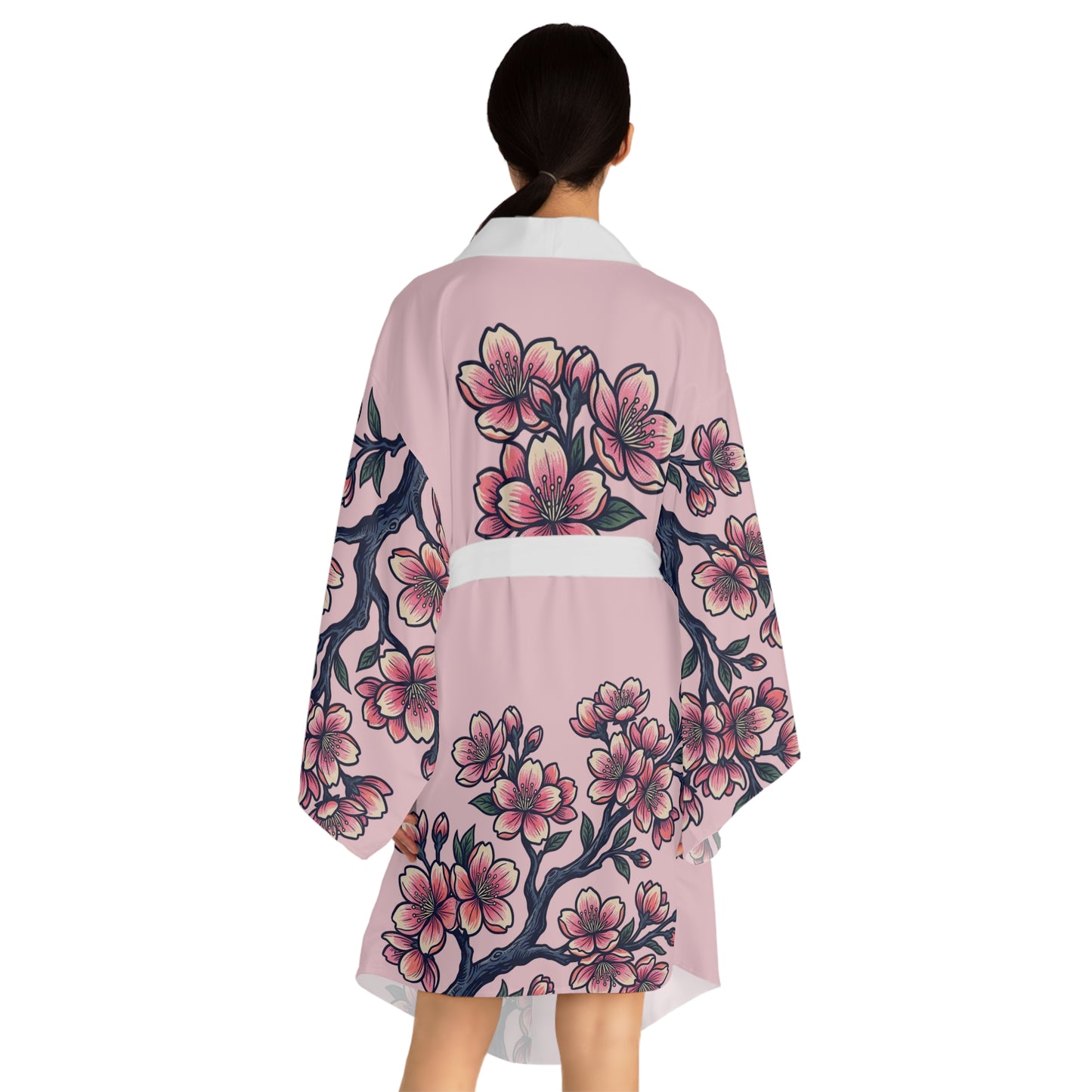 Pink Cherry Blossom Kimono Robe — Long Sleeve Floral Lounge Robe