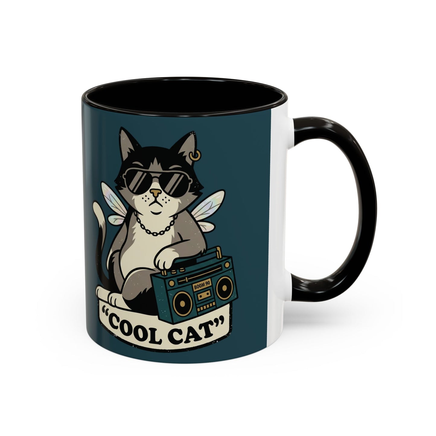 Cool Cat Coffee Mug — Retro Cat with Sunglasses & Boombox (11oz/15oz)