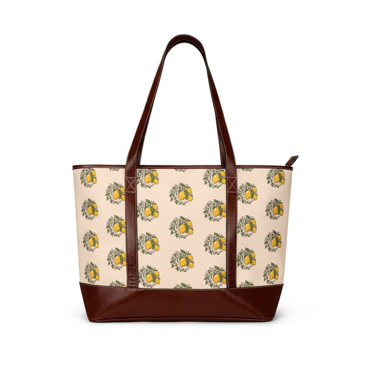 Lemon Wreath Tote Handbag — Floral Citrus Pattern Leather-Trim Shoulder Bag