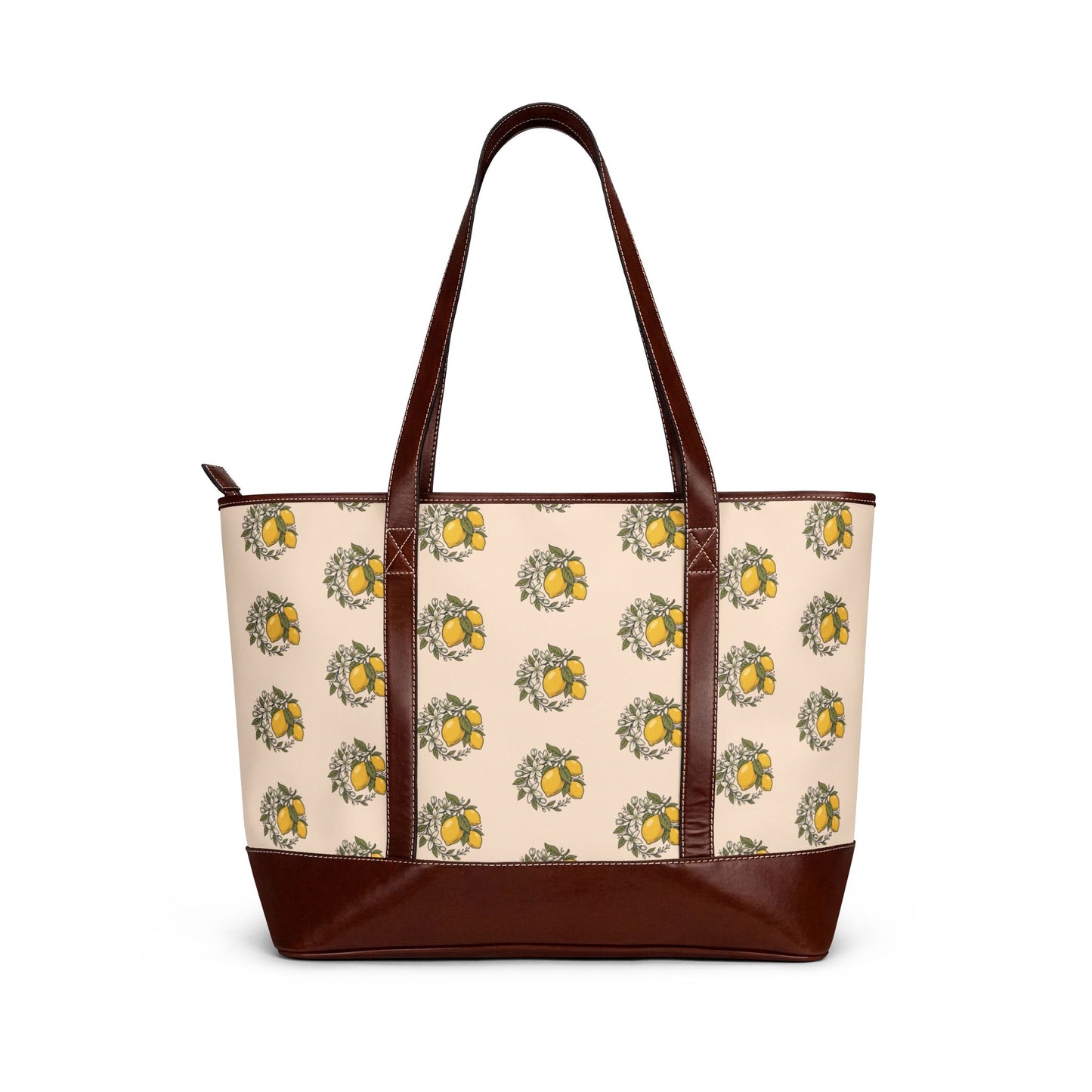Lemon Wreath Tote Handbag — Floral Citrus Pattern Leather-Trim Shoulder Bag