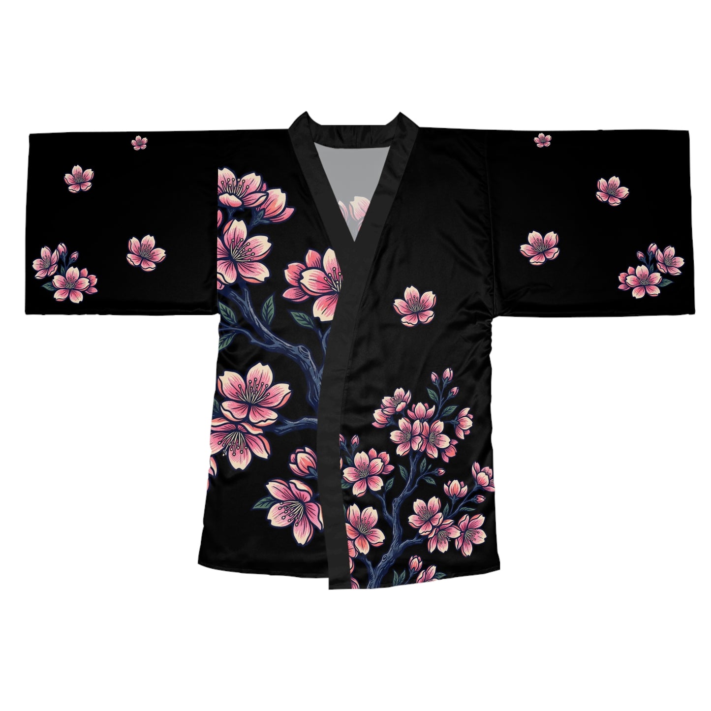 Pink Cherry Blossom Kimono Robe — Long Sleeve Floral Lounge Robe