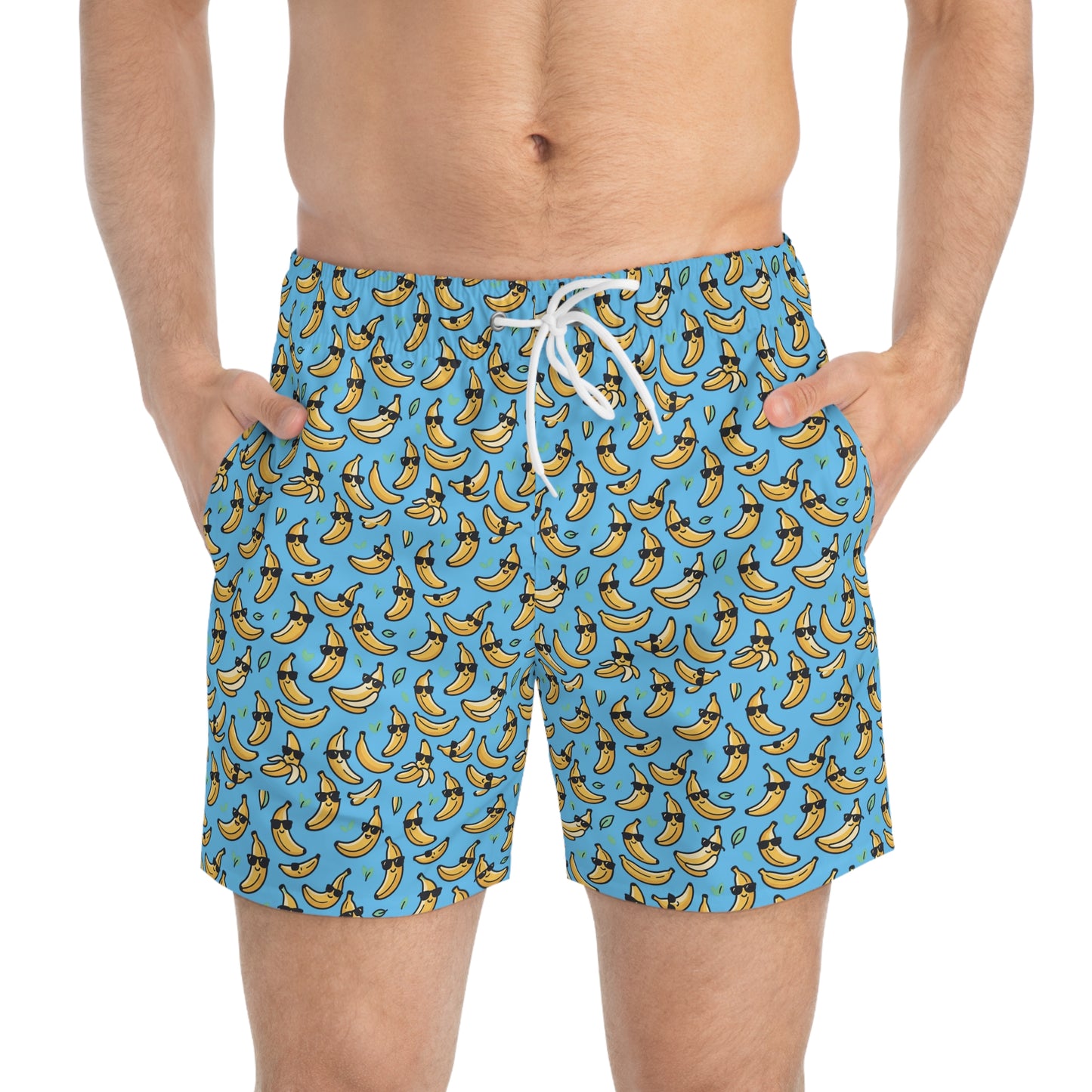 Banana Pattern Swim Trunks — Fun Blue All-Over-Print Beach Shorts