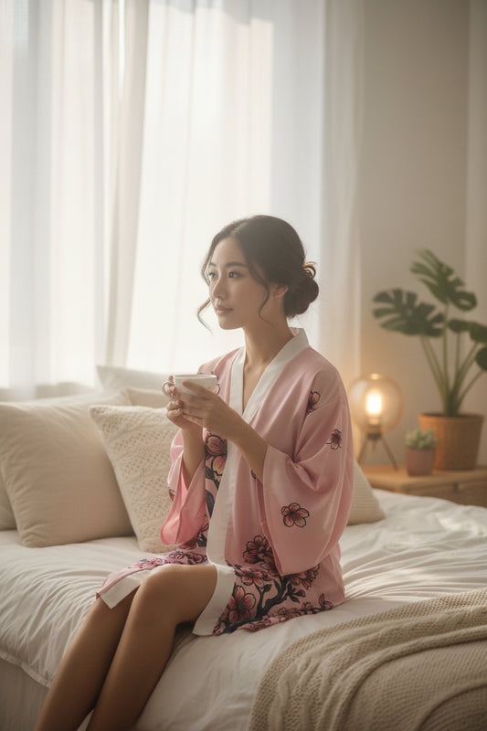 Pink Cherry Blossom Kimono Robe — Long Sleeve Floral Lounge Robe