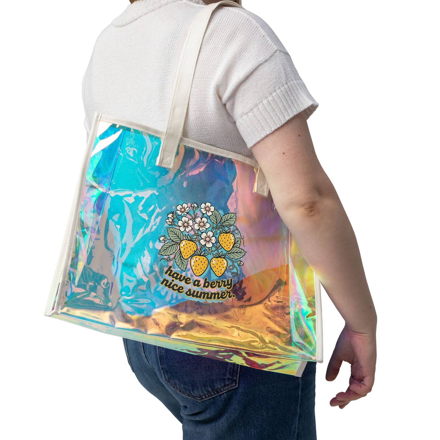 Holographic Beach Tote Bag — "Have a Berry Nice Summer" Strawberries