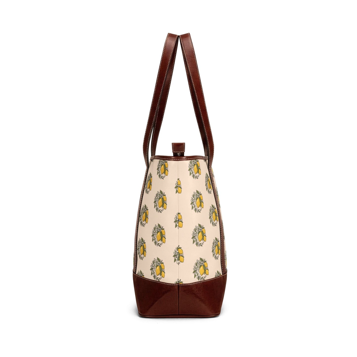Lemon Wreath Tote Handbag — Floral Citrus Pattern Leather-Trim Shoulder Bag