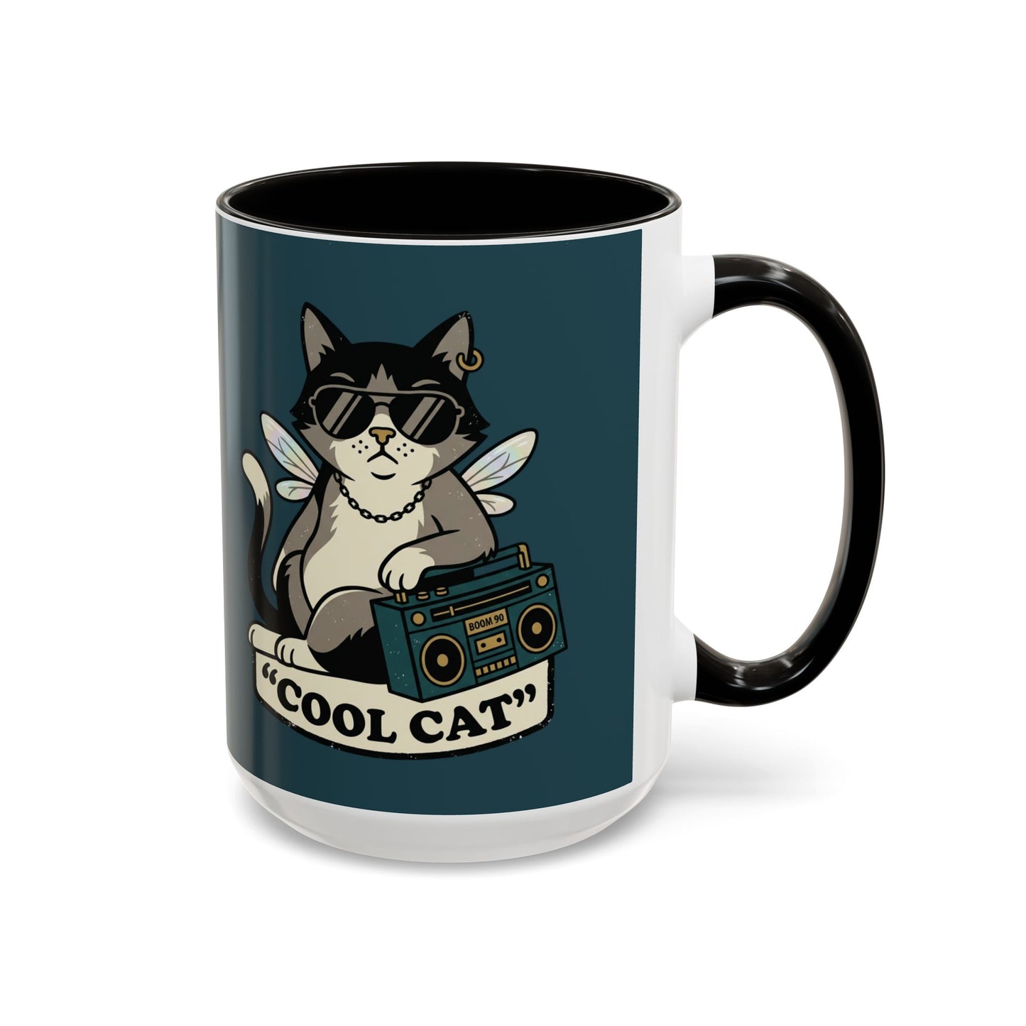 Cool Cat Coffee Mug — Retro Cat with Sunglasses & Boombox (11oz/15oz)