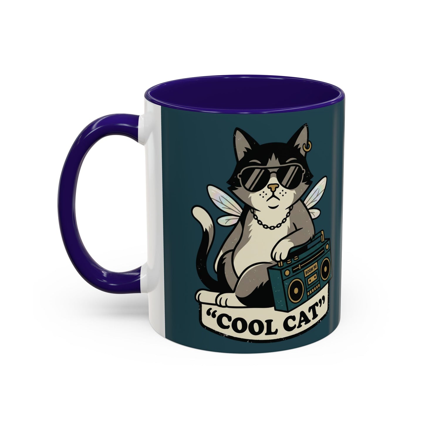 Cool Cat Coffee Mug — Retro Cat with Sunglasses & Boombox (11oz/15oz)