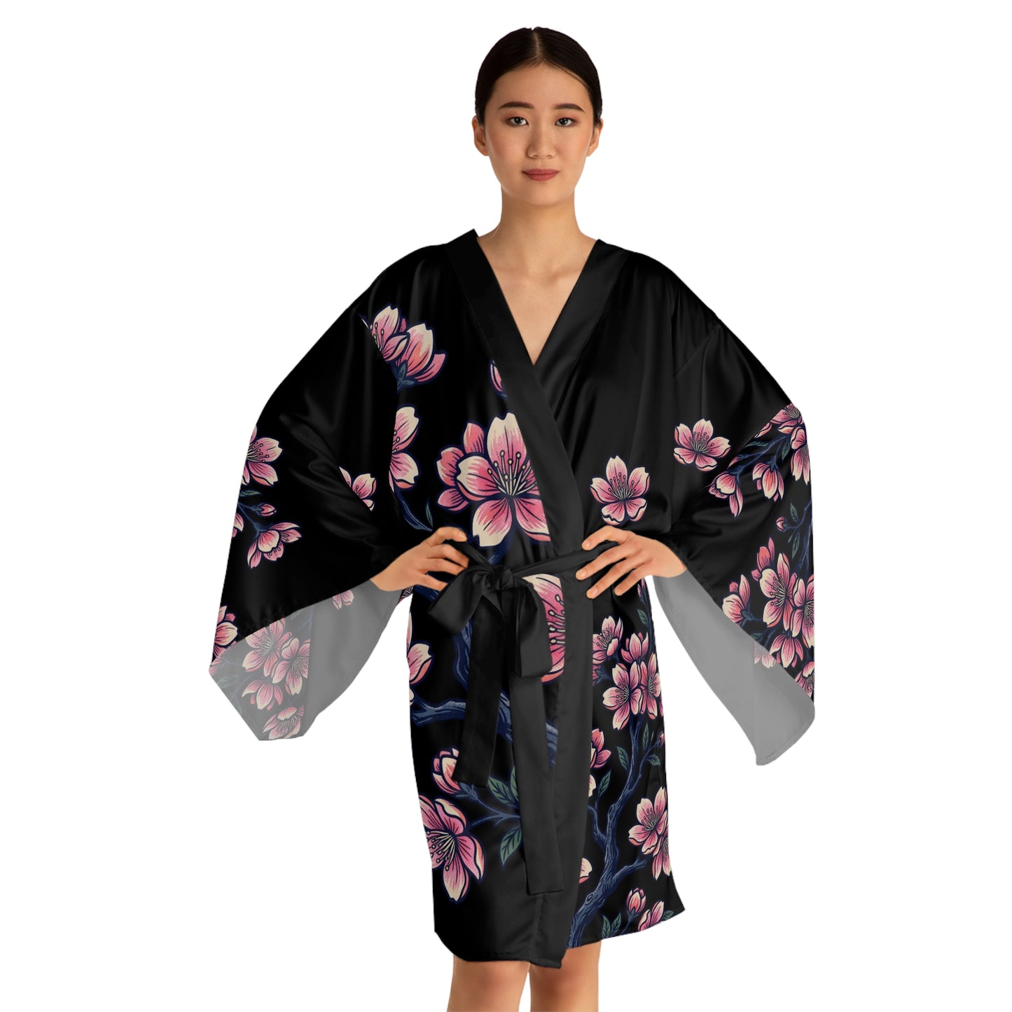 Pink Cherry Blossom Kimono Robe — Long Sleeve Floral Lounge Robe