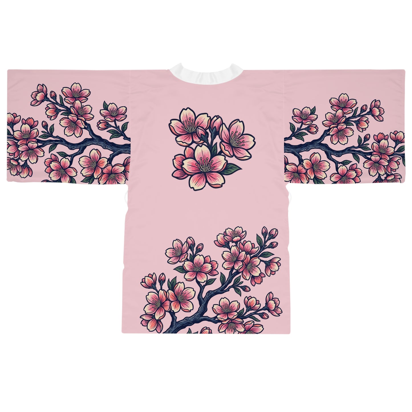 Pink Cherry Blossom Kimono Robe — Long Sleeve Floral Lounge Robe
