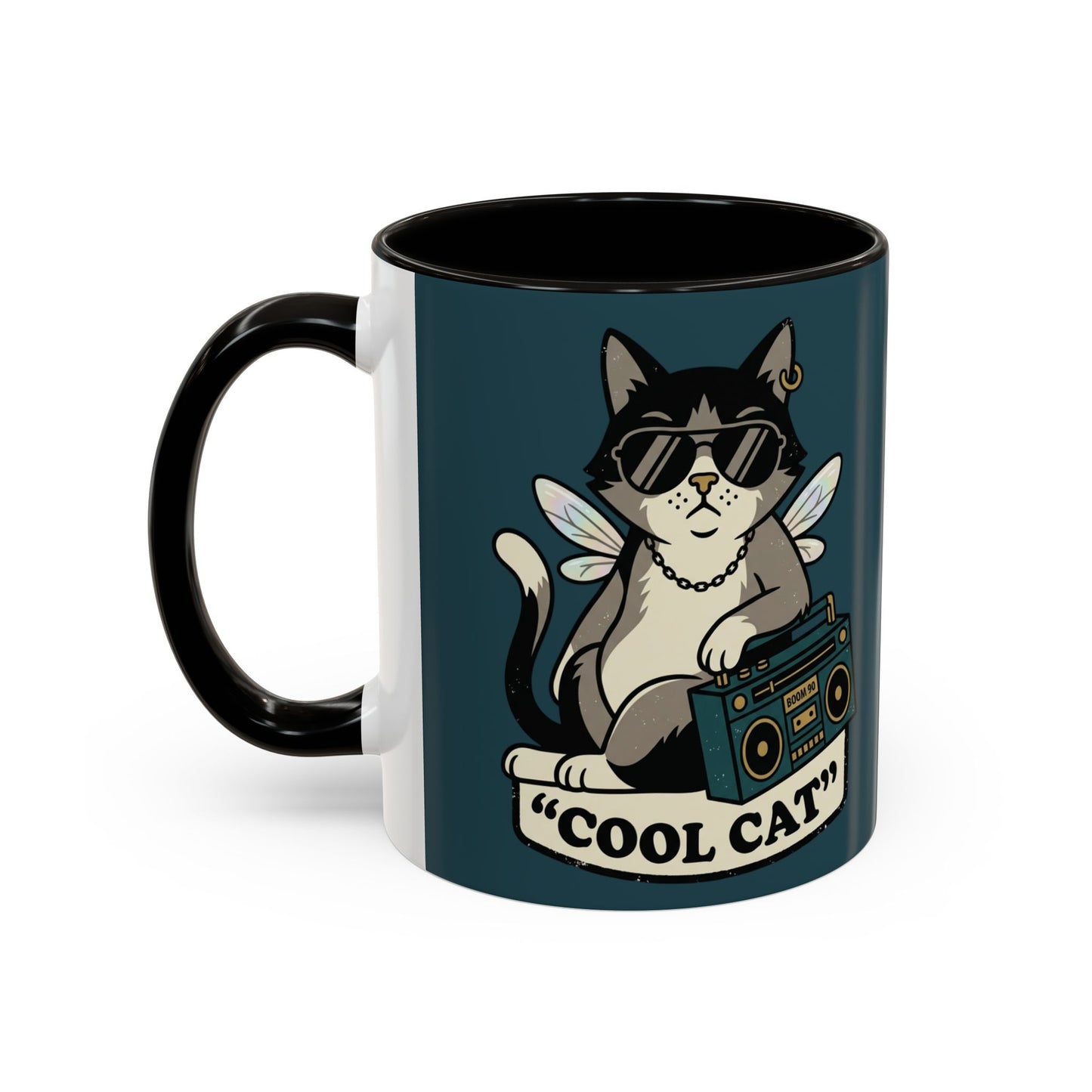 Cool Cat Coffee Mug — Retro Cat with Sunglasses & Boombox (11oz/15oz)