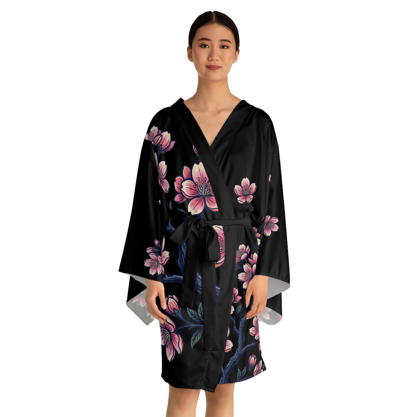 Pink Cherry Blossom Kimono Robe — Long Sleeve Floral Lounge Robe