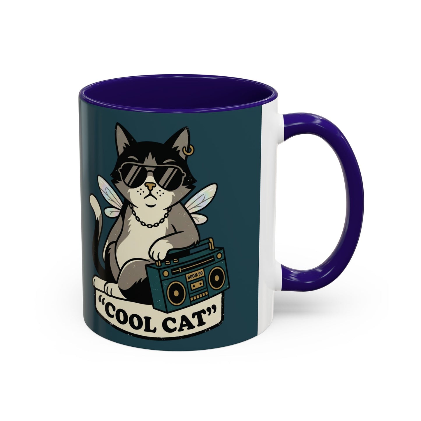 Cool Cat Coffee Mug — Retro Cat with Sunglasses & Boombox (11oz/15oz)