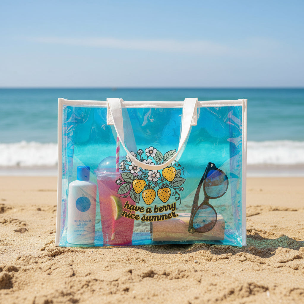 Holographic Beach Tote Bag — "Have a Berry Nice Summer" Strawberries